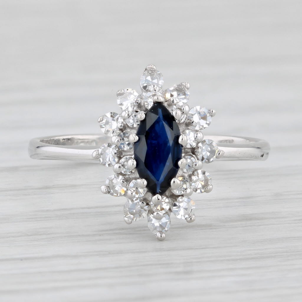 Light Gray 0.80ctw Marquise Blue Sapphire Diamond Halo Ring 14k Gold Size 6.5 Engagement