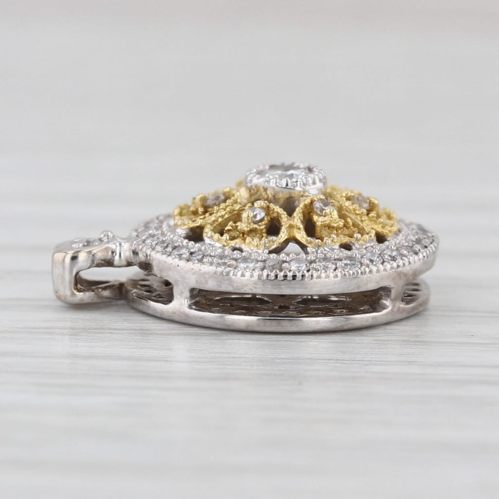 0.27ct Diamond Hearts Pendant 18k Yellow White Gold Ornate filigree Drop