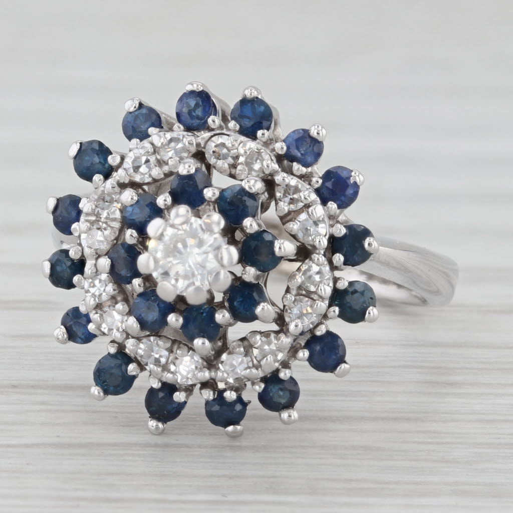 Gray 1ctw Blue Sapphire Diamond Tiered Halo Cluster Ring 14k White Gold Size 6.25