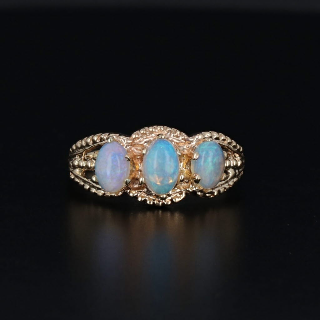 Black Opal Cabochon 3-Stone Ring 14k Yellow Gold Size 7.5