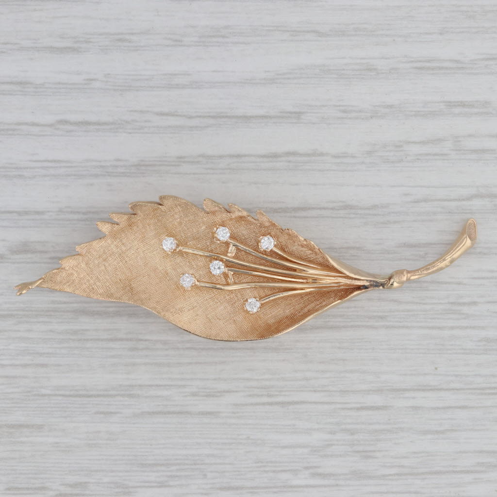 Gray 0.18ctw Diamond Spray Leaf Brooch 14k Yellow Gold Pin