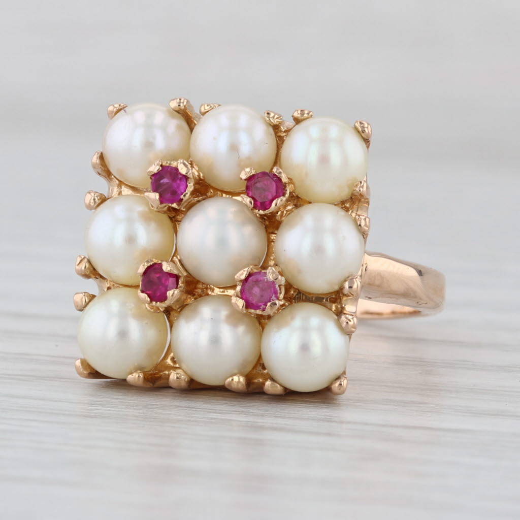 Cultured Pearl Lab Created Ruby Cluster Ring 18k Rose Gold Size 8.75 Cluster