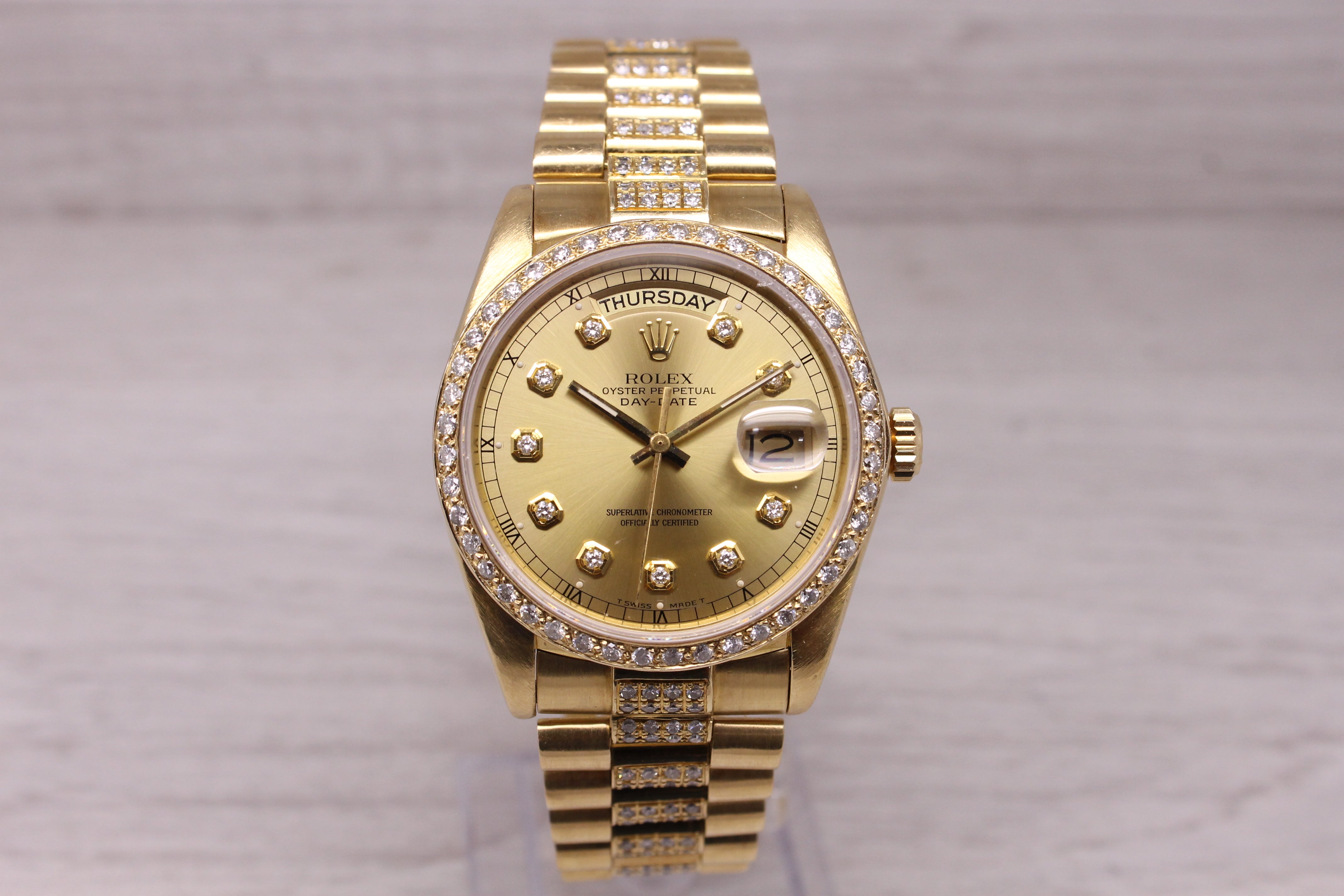 Vintage 1984 Rolex Day Date President 18038 18k Gold & Diamond Custom Bracelet