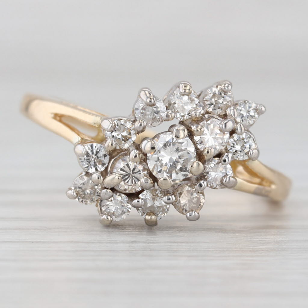 Light Gray 0.90ctw Diamond Cluster Ring 14k Yellow White Gold Size 9.5