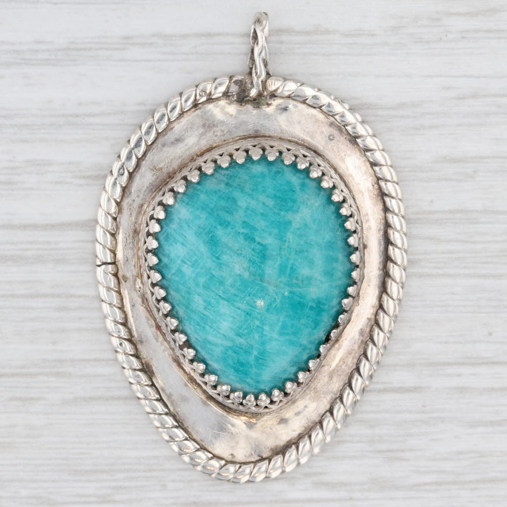 Light Gray Amazonite Pear Cabochon Pendant Sterling Silver Vintage Native American Signed