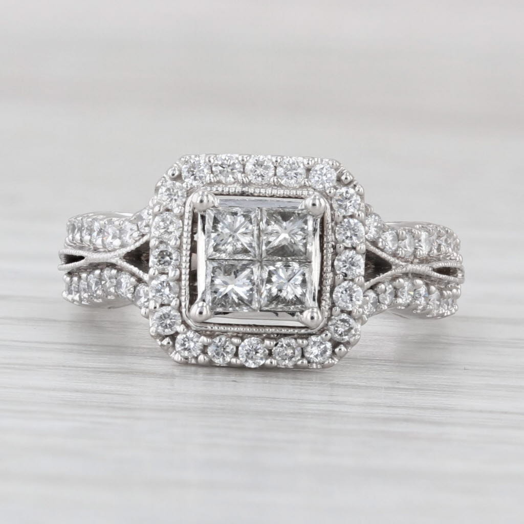 0.90ctw Princess Diamond Halo Engagement Ring 14k White Gold Size 5.25