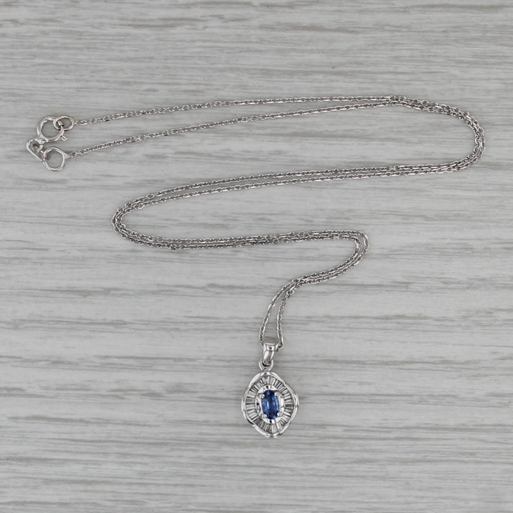 0.68ctw Sapphire Diamond Halo Pendant Necklace 14k White Gold 18" Cable Chain