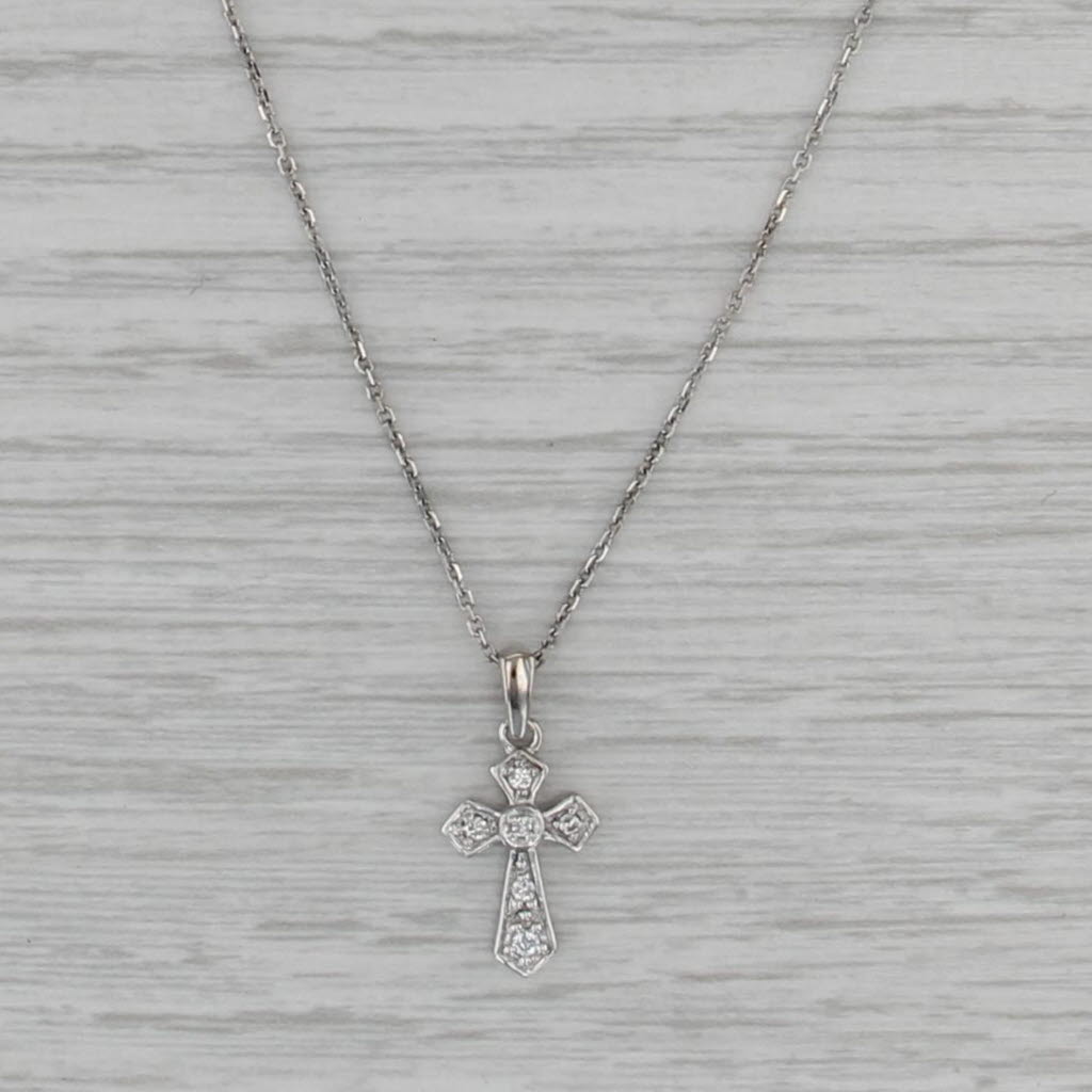 Small Diamond Cross Pendant Necklace 14k White Gold 18" Cable Chain