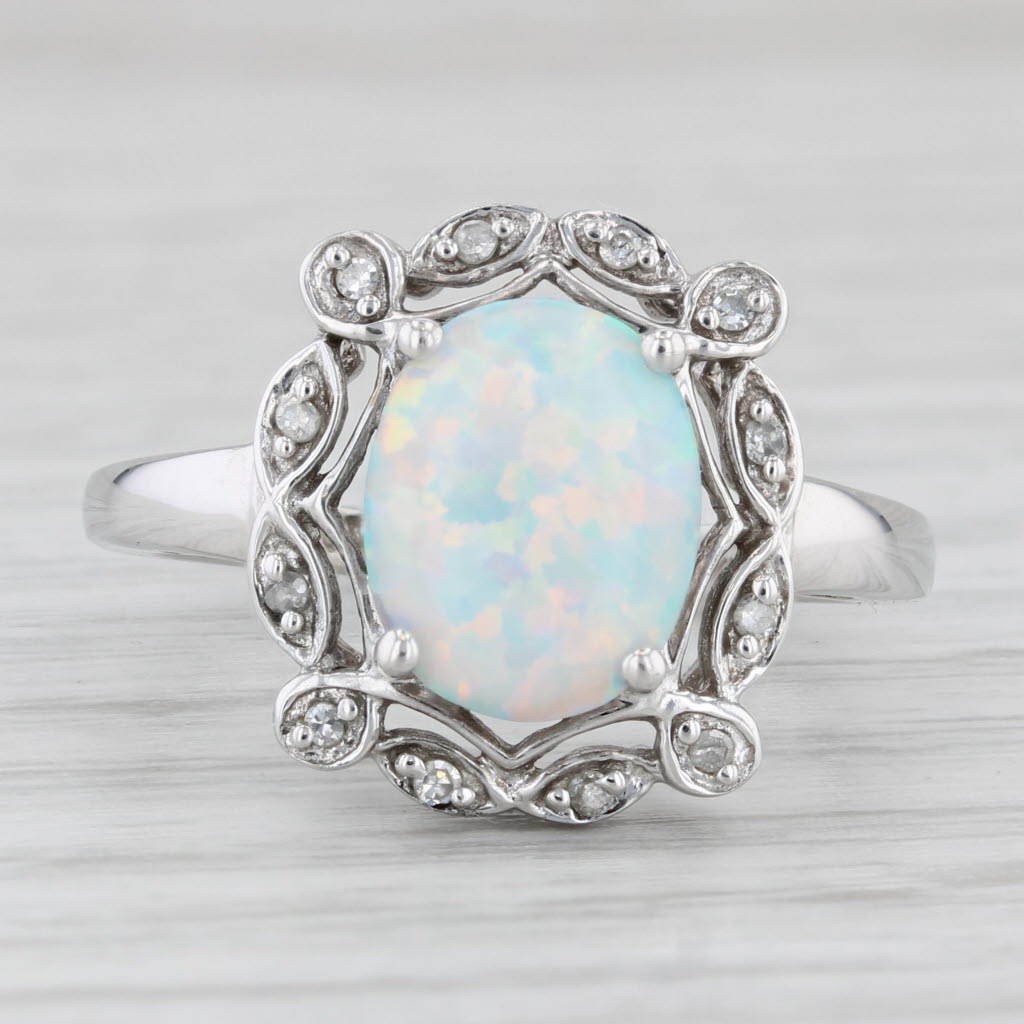 Light Gray Lab Created Opal Diamond Halo Ring 10k White Gold Size 7.25 Oval Cabochon