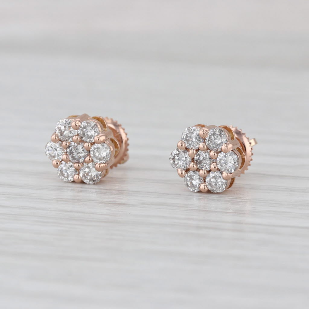 New 0.74ctw Diamond Cluster Flower Stud Earrings 14k Rose Gold Screw Backs Studs