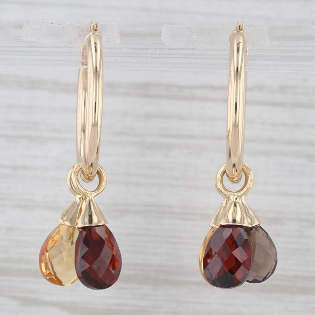 Light Gray 7.70ctw Citrine Quartz Garnet Briolette Dangle Hoop Earrings 14k Yellow Gold