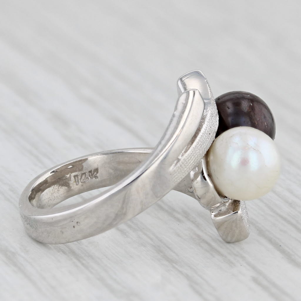 Light Gray Cultured Black & White Pearl Bypass Ring 14k White Gold Size 3.5