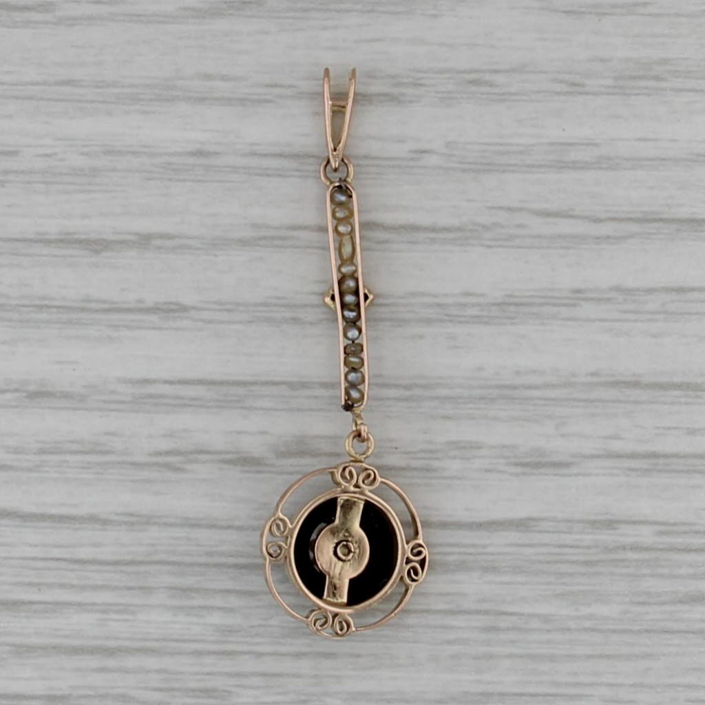 Onyx Pearl Diamond Vintage Lavalier Pendant 10k Yellow Gold Filigree Drop