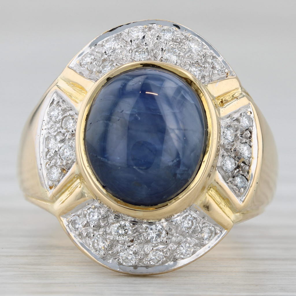 Gray Oval Cabochon Blue Sapphire Diamond Halo Ring 18k Yellow Gold Size 6.75-7