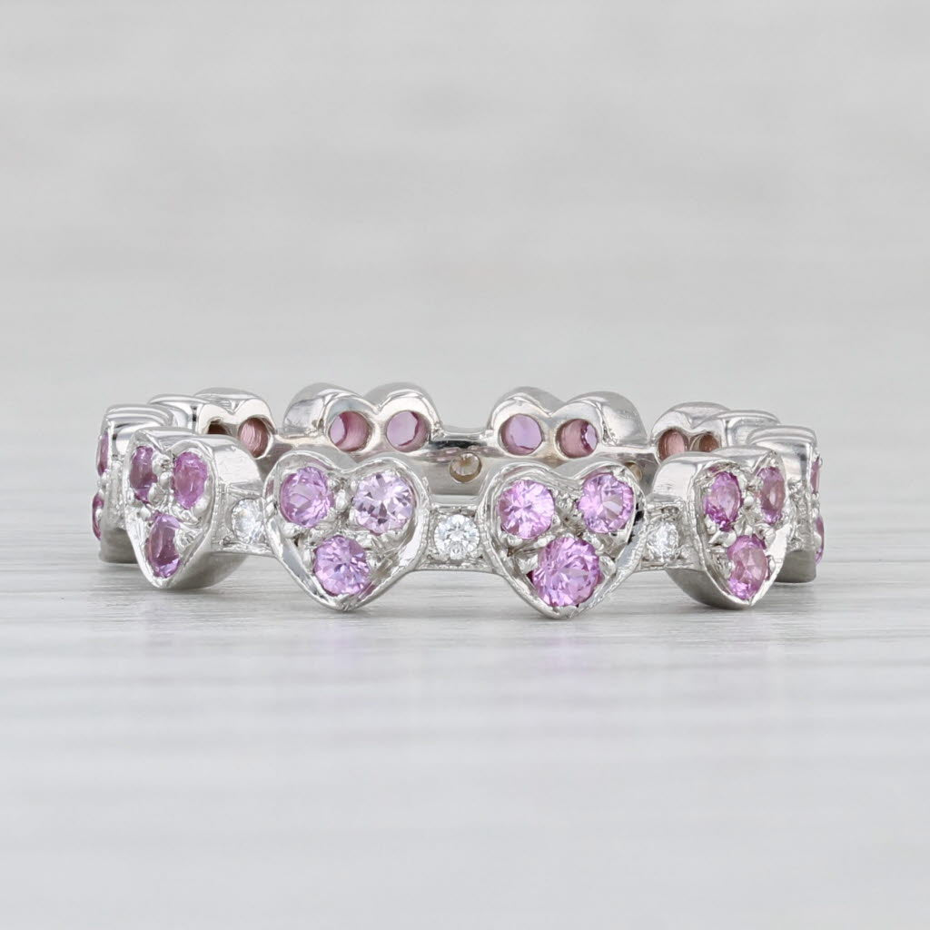 Light Gray 1ctw Pink Sapphire Diamond Hearts Eternity Ring 18k White Gold Stackable Band