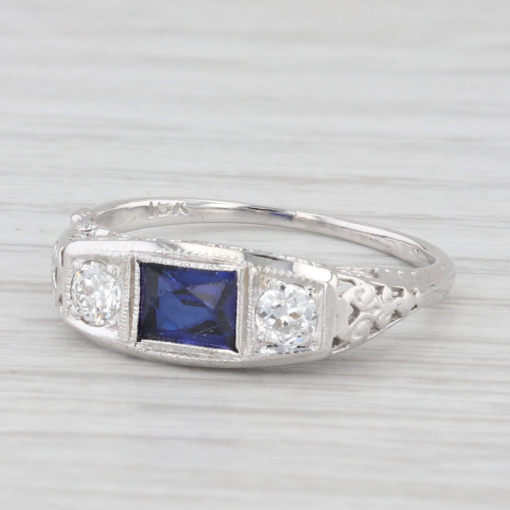 Light Gray 0.78ctw Lab Created Sapphire Diamond Art Deco Ring 18k White Gold Size 6