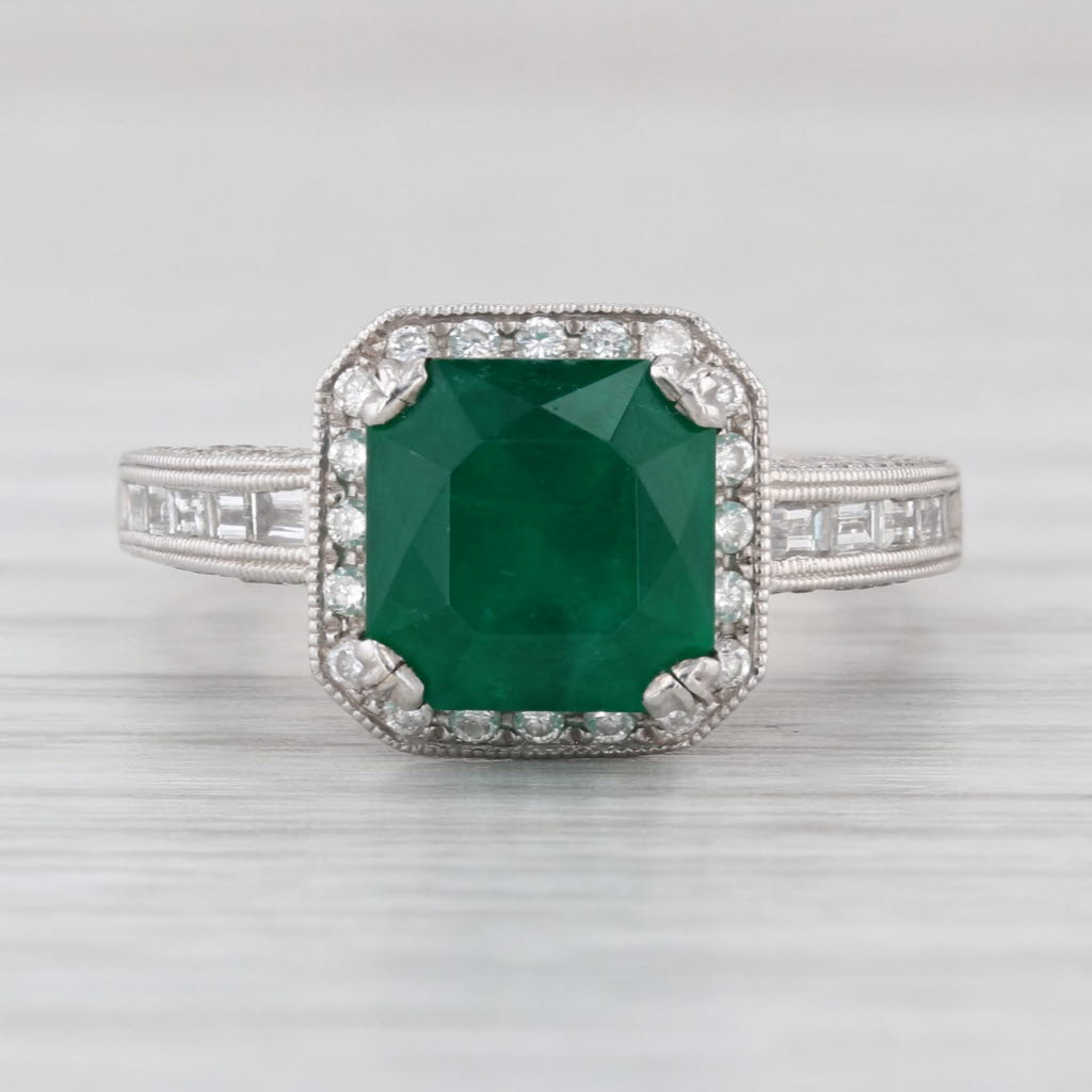 S Kashi 3.15ctw Emerald Diamond Halo Ring 14k White Gold Size 5.25 Engagement