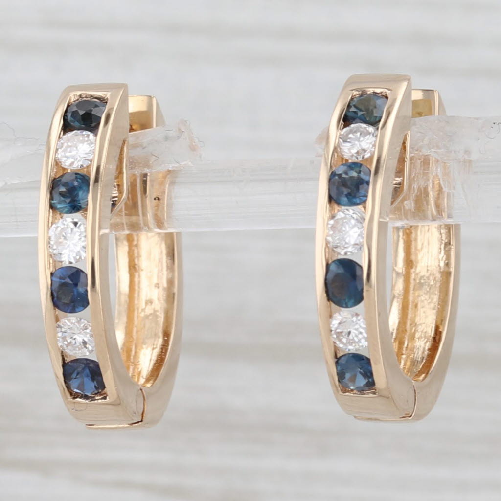 Light Gray Blue Sapphire Diamond Hoop Huggie Earrings 14k Yellow Gold Snap Top Round Hoops