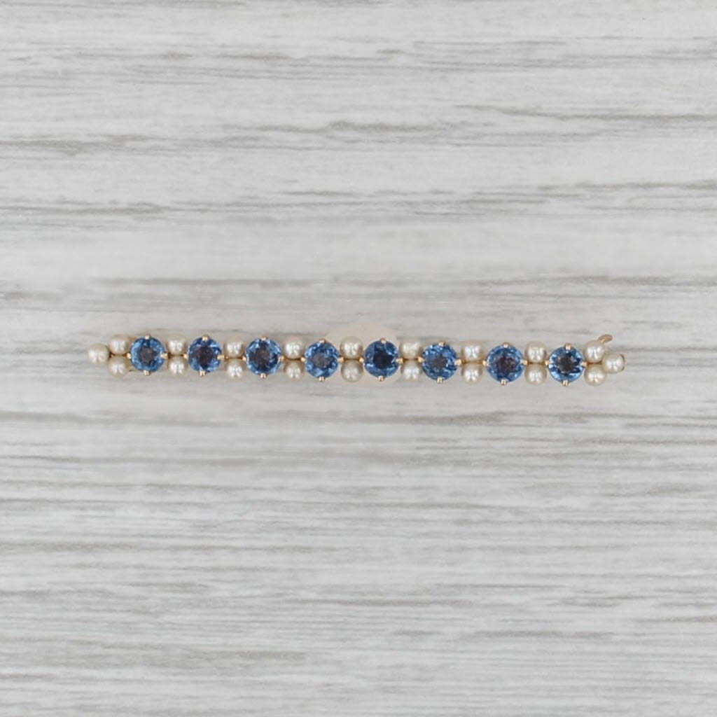 Seed Pearl Lab Created Blue Sapphire Bar Brooch 14k Yellow Gold Pin