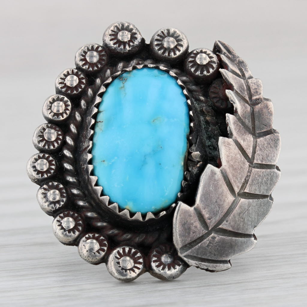 Gray Native American Turquoise Leaf Ring Sterling Silver Size 7.25 Statement