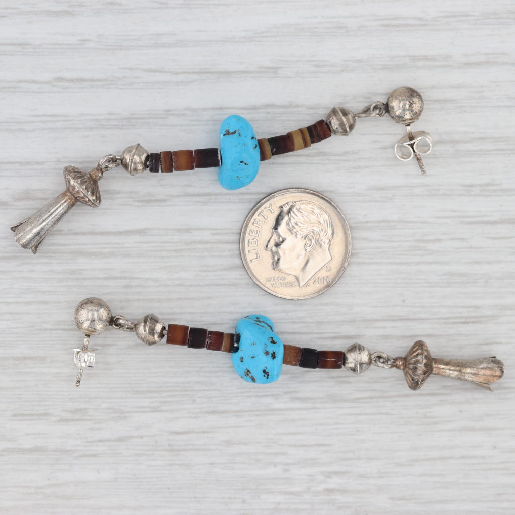 Native American Squash Blossom Turquoise Dangle Earrings Sterling Silver Vintage