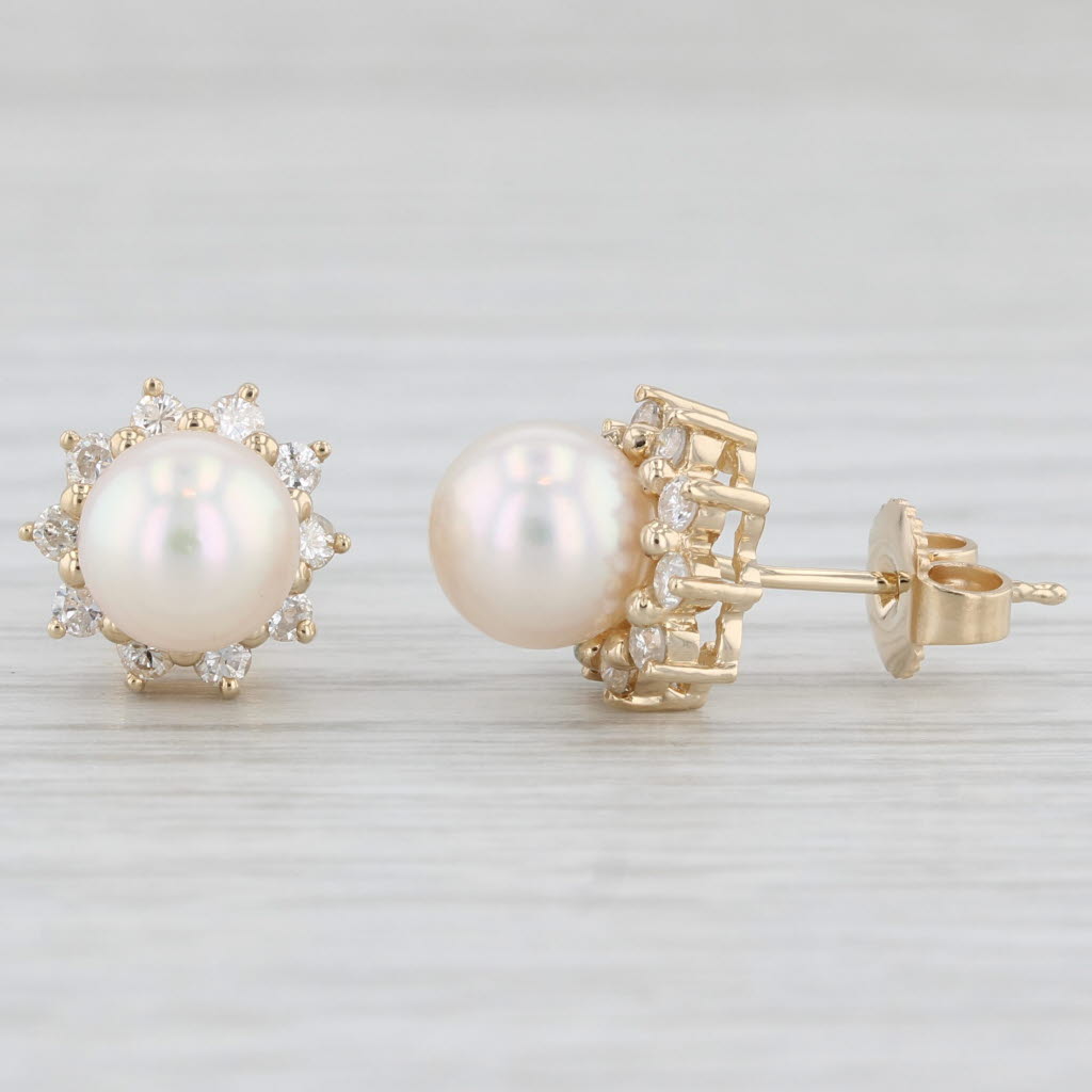 Light Gray Round Cultured Pearl 0.40ctw Diamond Halo Stud Earrings 14k Yellow Gold