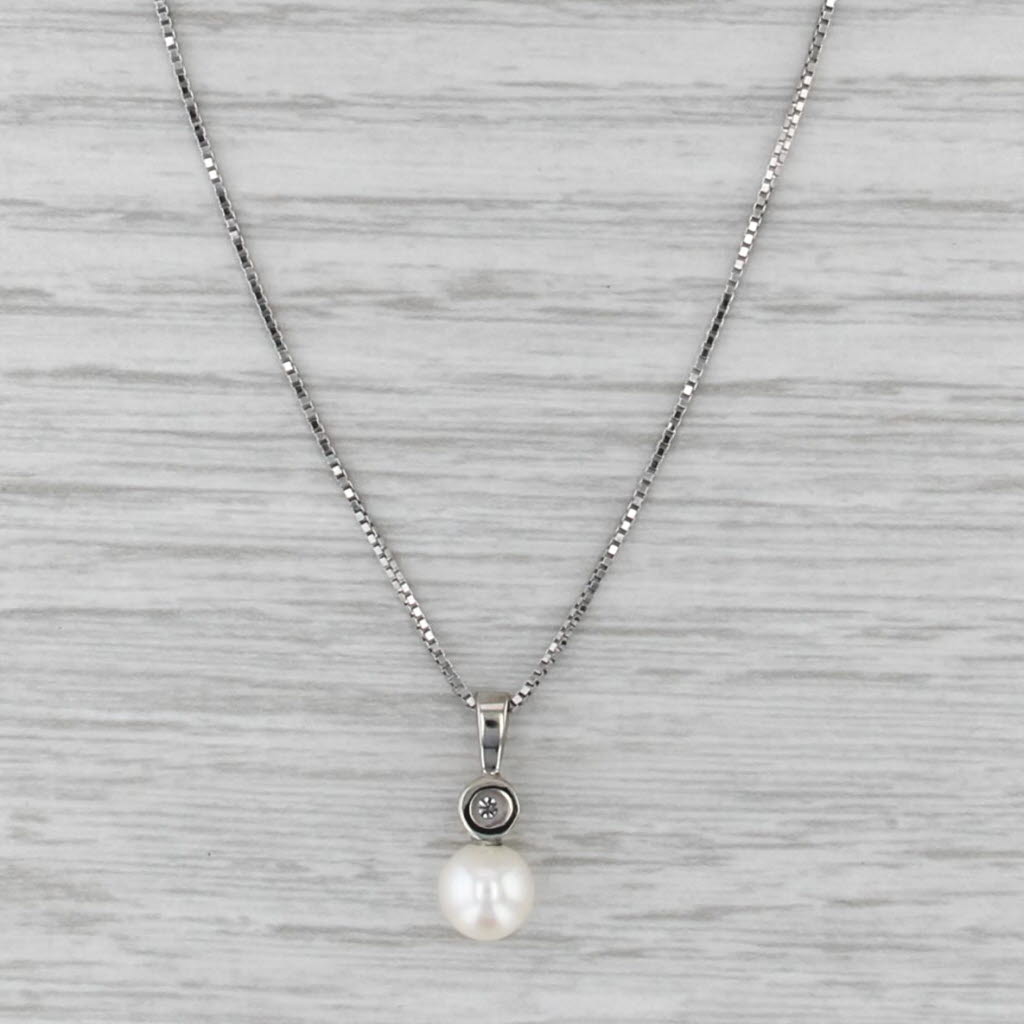Cultured Pearl Diamond Pendant Necklace 14k White Gold 18" Box Chain