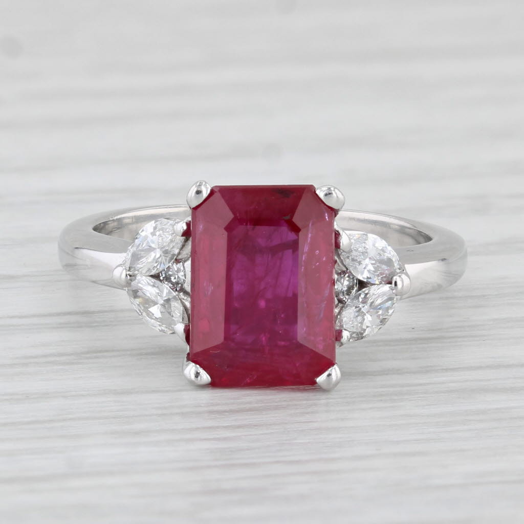 Light Gray 3.43ctw Emerald Cut Ruby Diamond Ring 14k White Gold Size 6 GIA Engagement