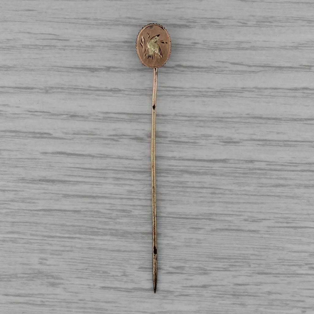 Antique Victorian Engraved Bird Stickpin Gold Filled Rose Yellow Green