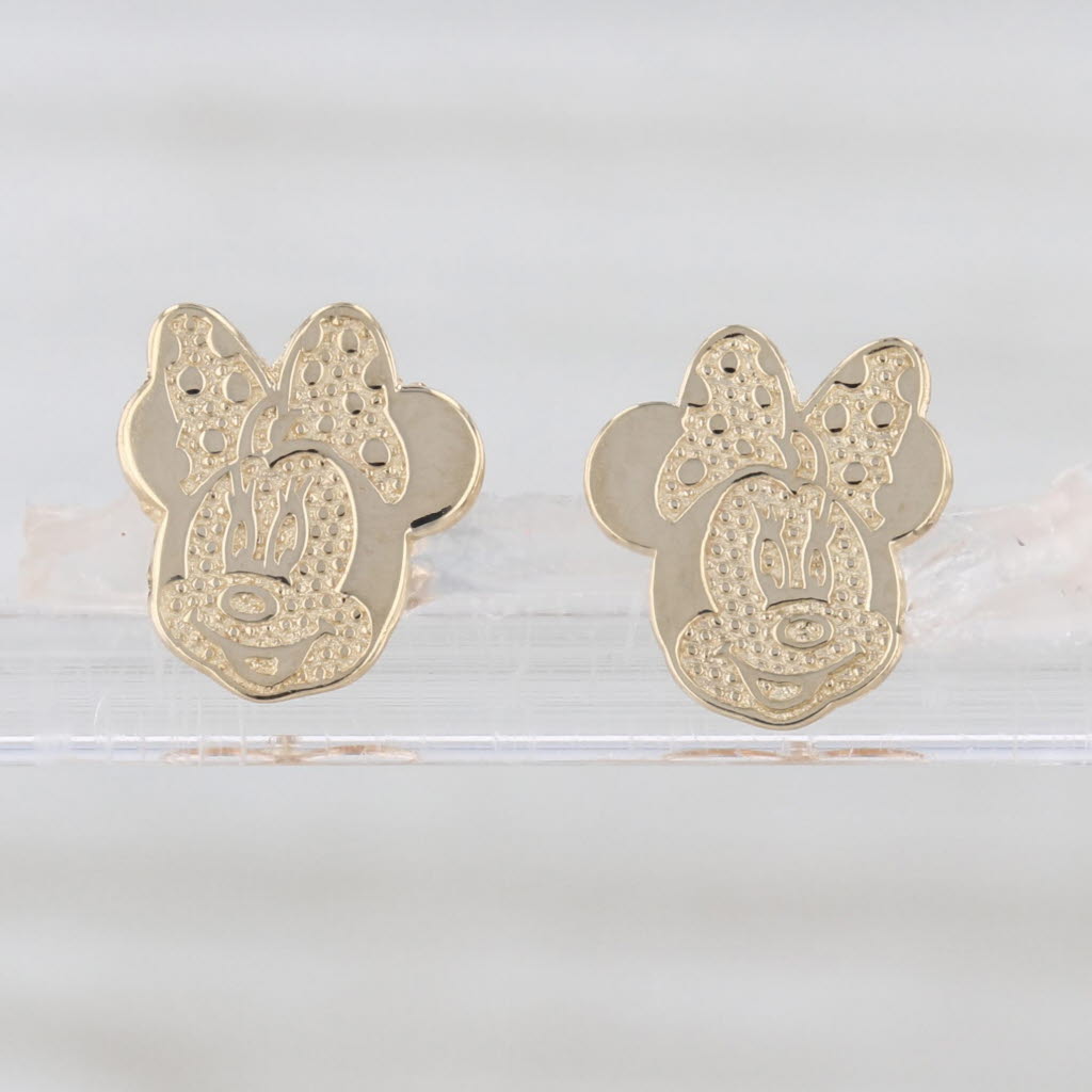 Minnie Mouse Stud Earrings 10k Yellow Gold Disney Cartoon Studs for Pierced Ears