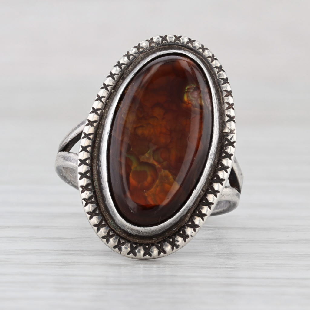 Vintage Native American Signed Fire Agate Ring Sterling Silver Size 8.75