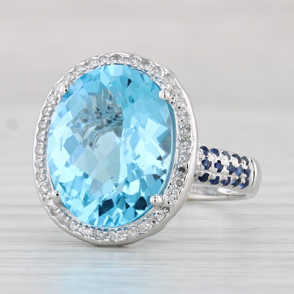 Light Gray 9.54ctw Blue Topaz Sapphire Diamond Halo Ring 14k White Gold Size 8.25