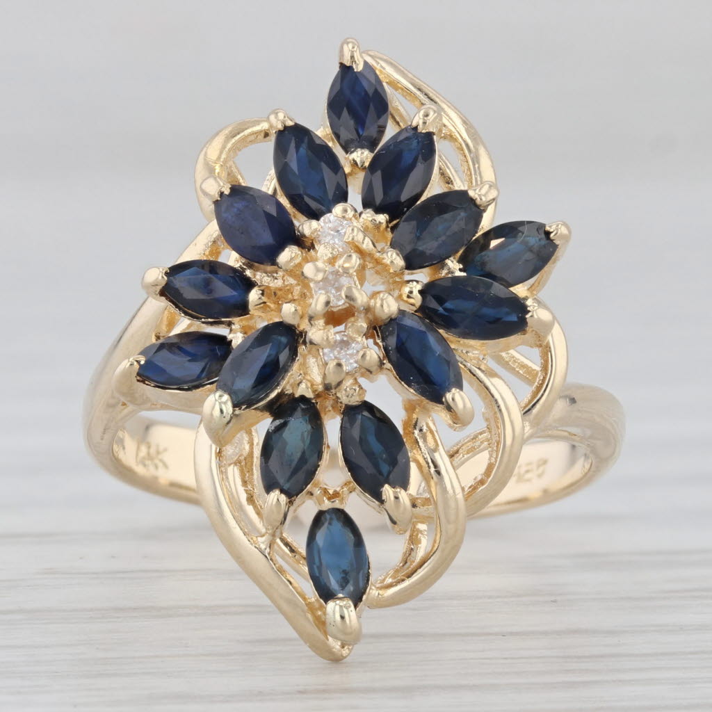 Light Gray 1.43ctw Sapphire Diamond Floral Cluster 14k Yellow Gold Ring Size 7.5