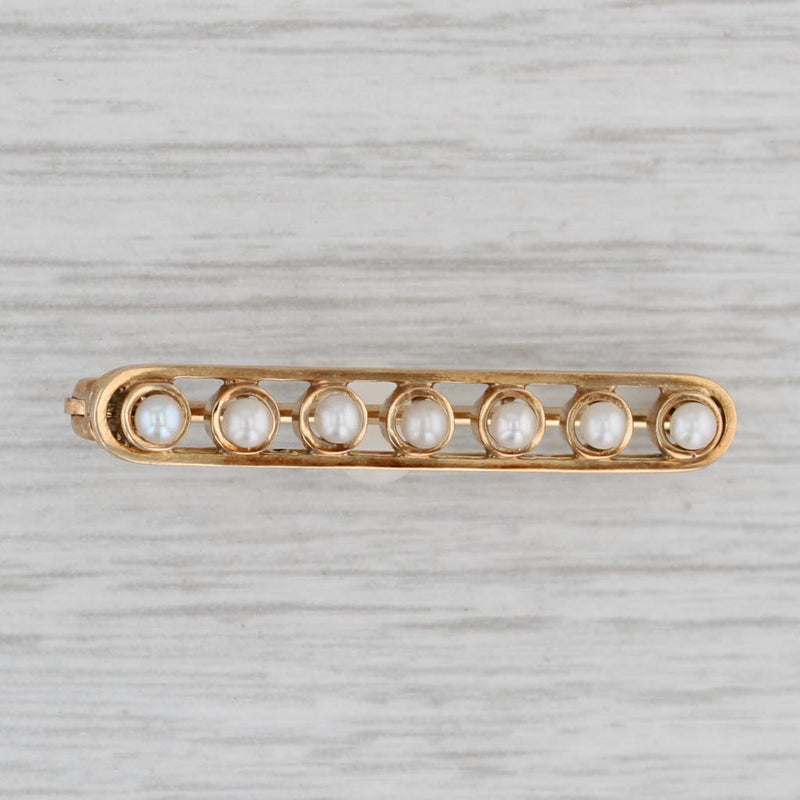 Cultured Pearl Bar Pin 14k Yellow Gold Vintage Brooch