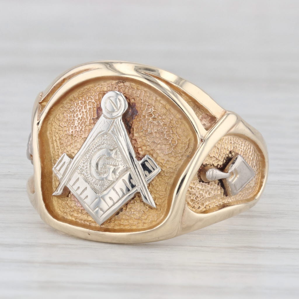 Light Gray Vintage Masonic Signet Ring 10k Gold Blue Lodge Square Compass Tools Size 10