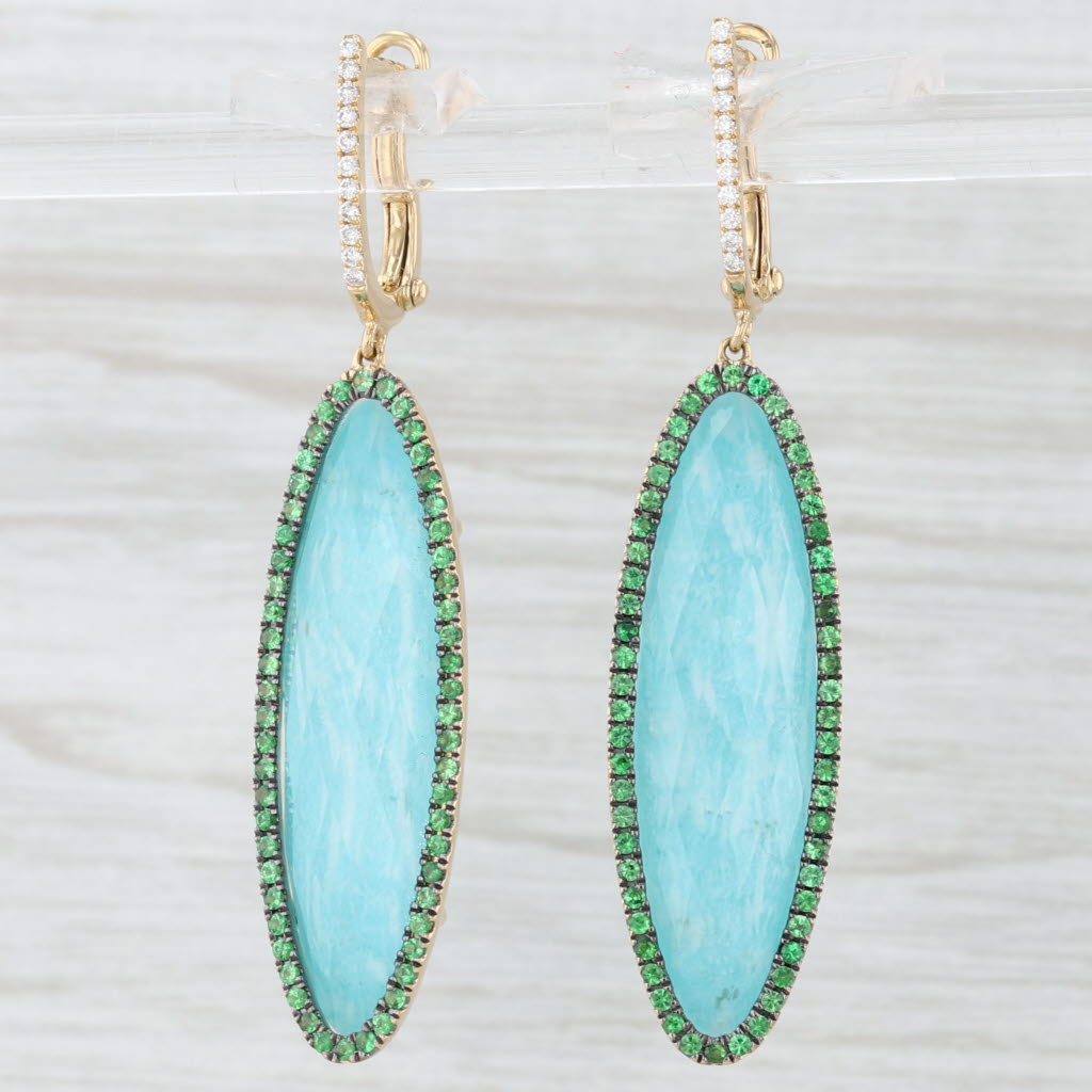Light Gray New Quartz Tsavorite Garnet Diamond Dangle Earrings 18k Yellow Gold Statement