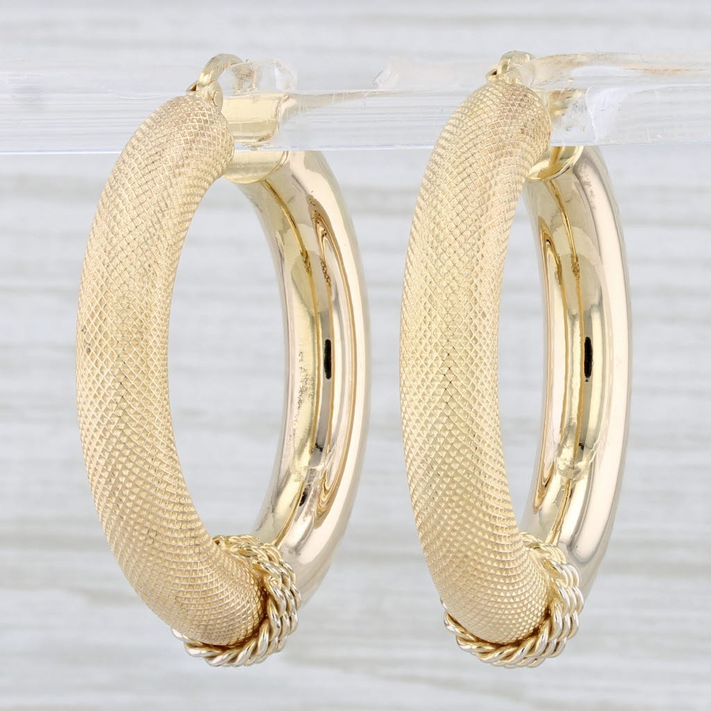 Light Gray Round Hoop Earrings 14k Yellow Gold Snap Top Hoops Textured Pattern