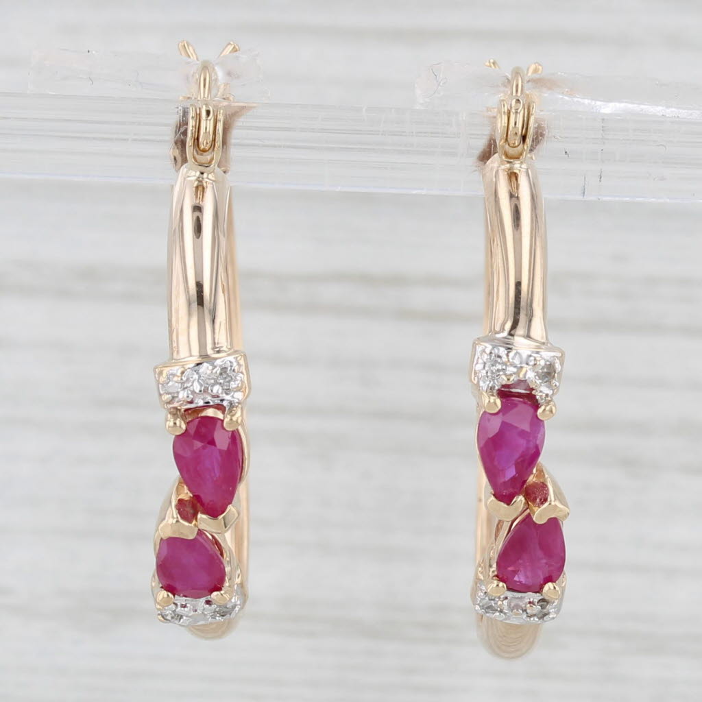 Light Gray 0.84ctw Ruby Diamond Hoop Earrings 10k Yellow Gold Snap Top Round Hoops