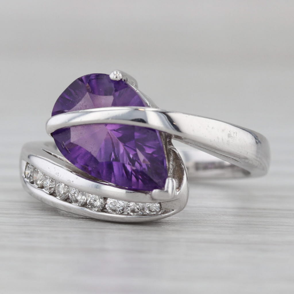 Gray 2.61ctw Pear Amethyst Diamond Overlay Ring 14k White Gold Size 7 Bypass