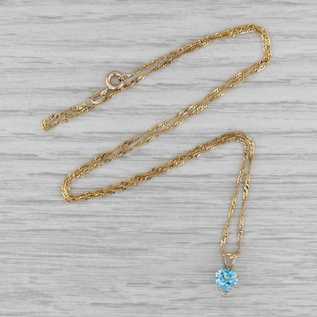 0.95ct Blue Topaz Heart Pendant Necklace 14k Yellow Gold 18" Singapore Chain