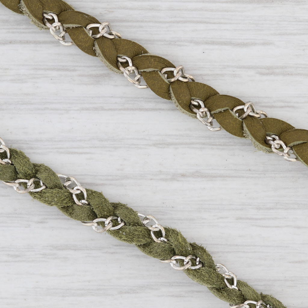 New Nina Wynn Cordelia Necklace Woven Green Leather White Druzy Quartz Pendant