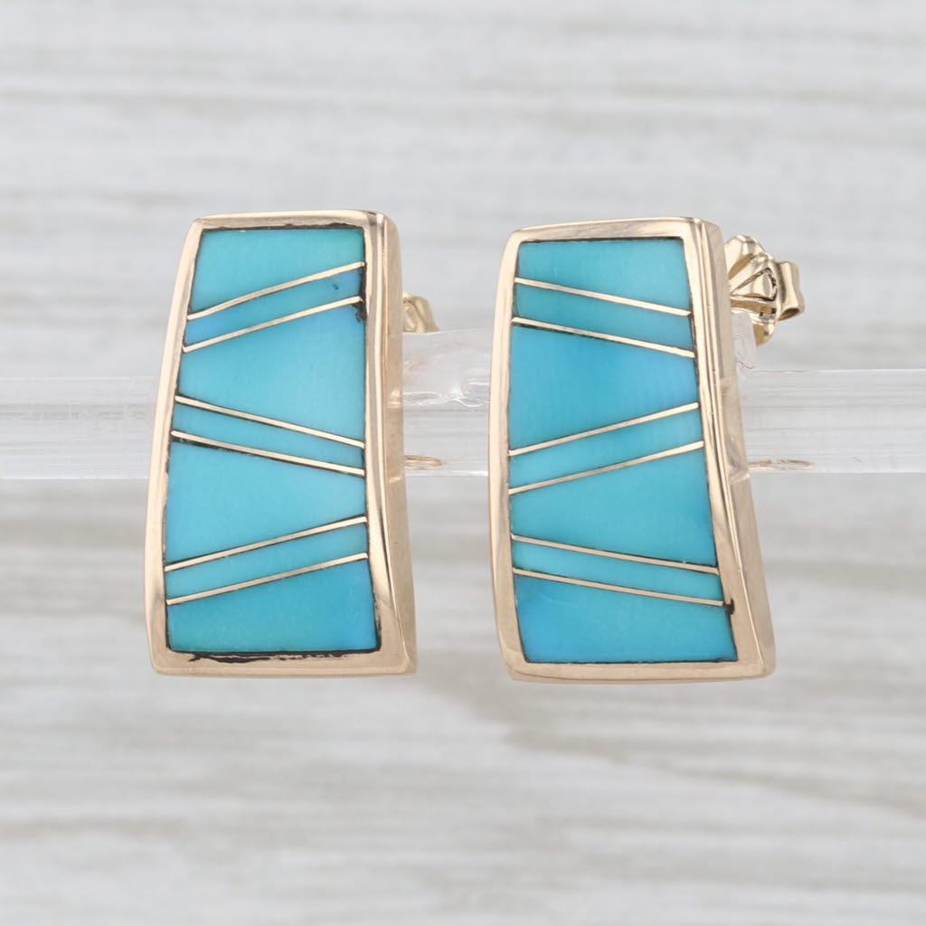 Turquoise Mosaic Earrings 14k Yellow Gold Artisan Signed