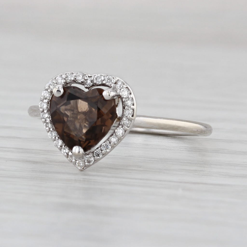 1.10ctw Smoky Quartz Heart Diamond Halo Ring 14k White Gold Size 7