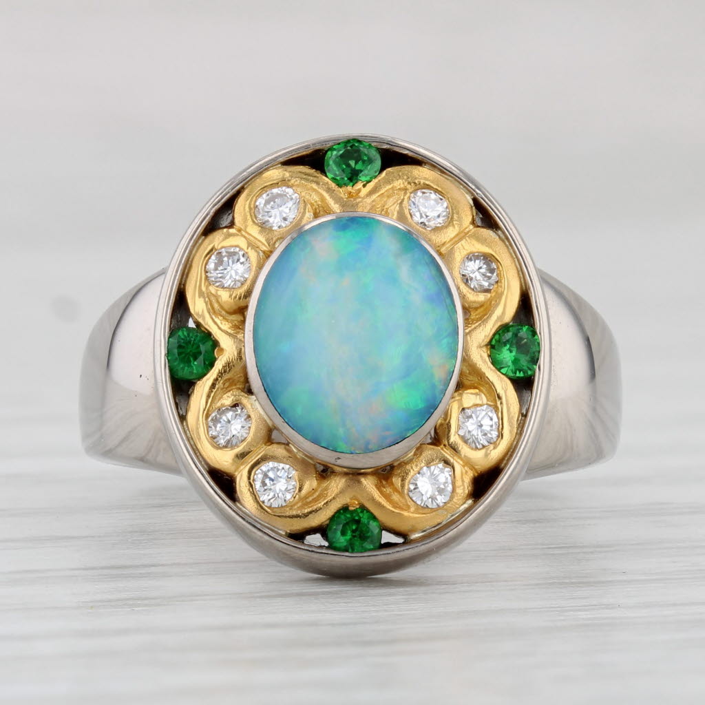 Light Gray Opal Diamond Tsavorite Garnet Ring 18k 999 Gold Size 6.25-6.5 Custom Made