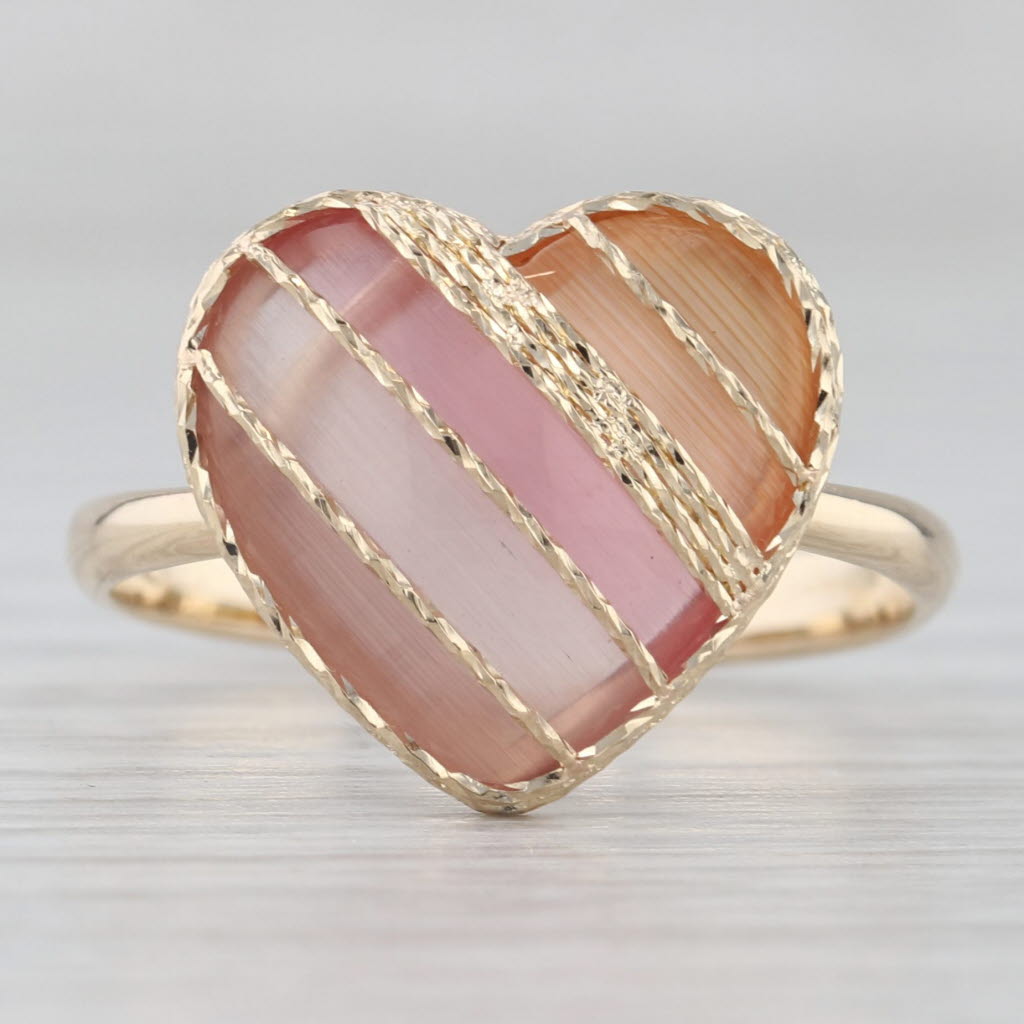 Light Gray Pink Glass Cabochon Heart Ring 14k Yellow Gold Size 8