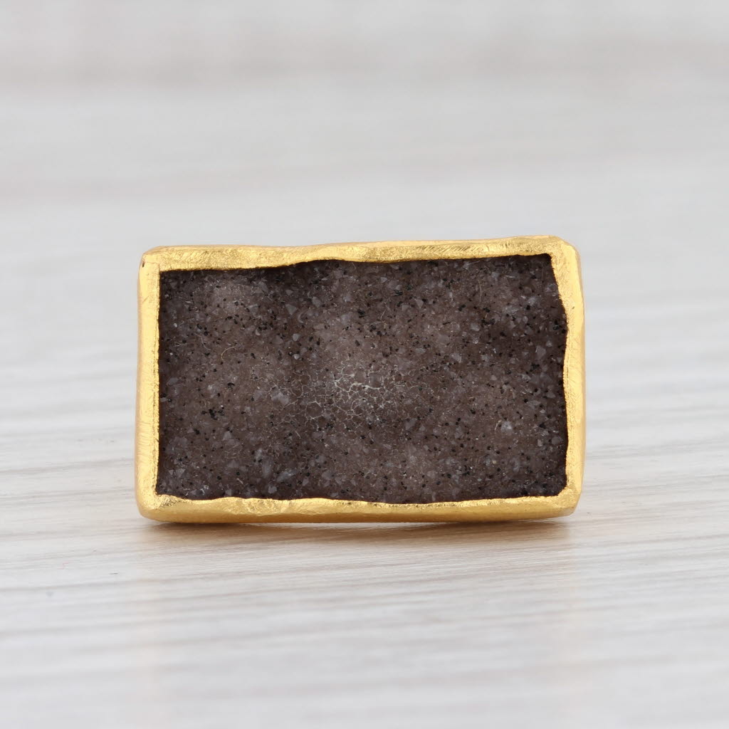 New Nina Nguyen Gray Druzy Quartz Ring Sterling Silver 22k Gold Vermeil Size 6