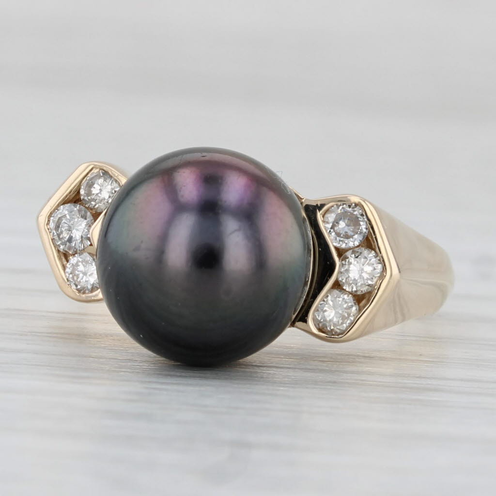 Light Gray Black Cultured Pearl 0.27ctw Diamond Ring 14k Yellow Gold Size 9