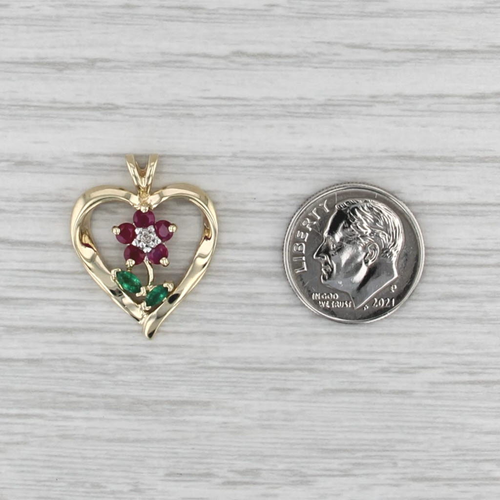 0.53ctw Ruby Emerald Flower Heart Pendant 10k Yellow Gold Diamond Accents