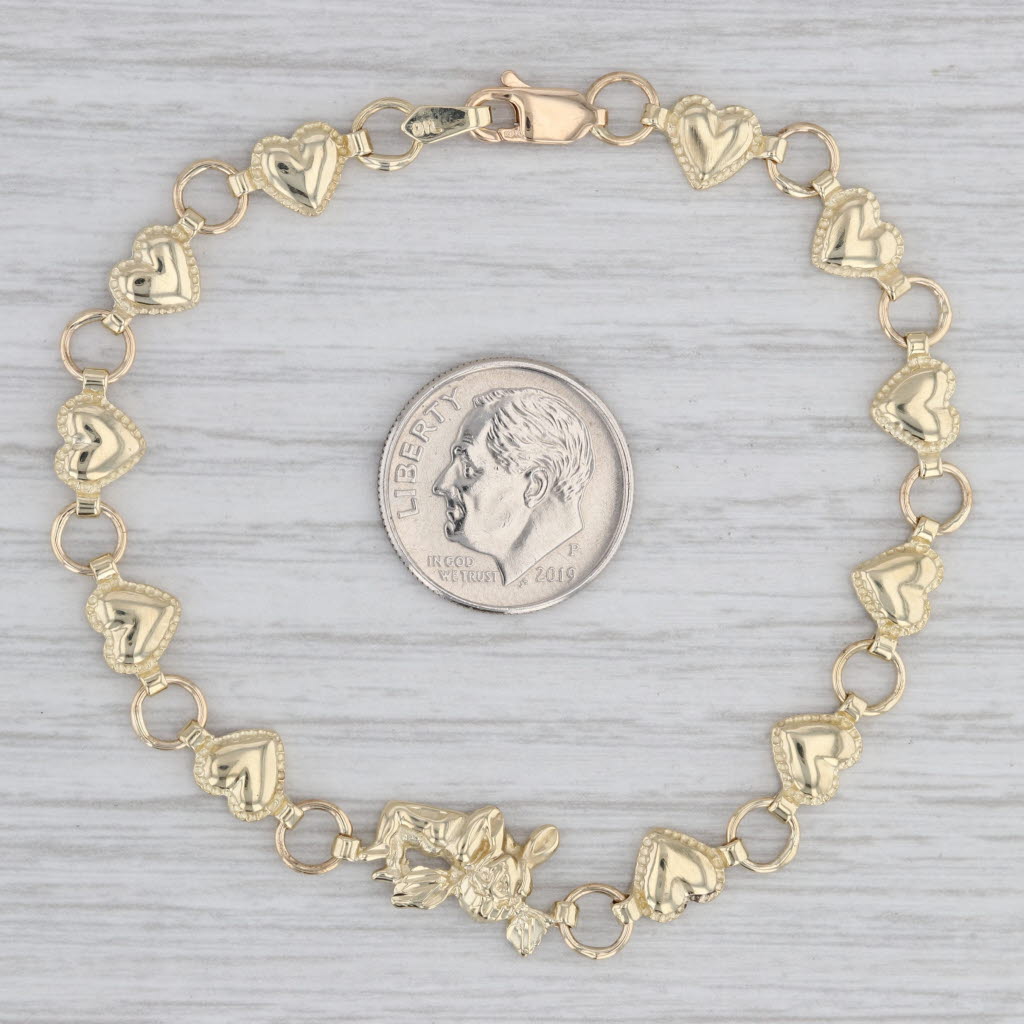 Gray Guardian Angel Cherub Hearts Bracelet 10k Yellow Gold 7.25"