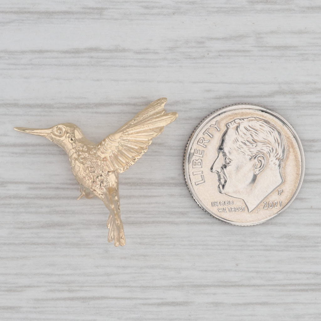 Gray Small Hummingbird Pin 14k Yellow Gold Brooch